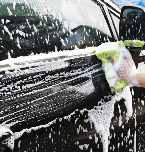 hands hold sponge  for washing car